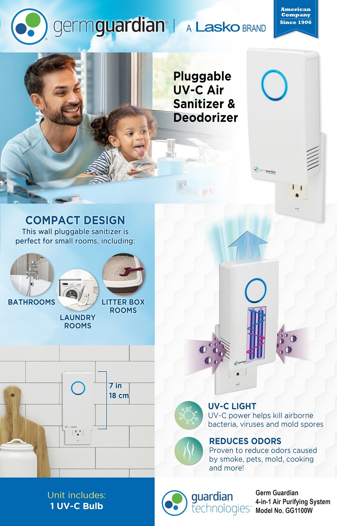 GermGuardian Elite Pluggable UVC Air Sanitizer and DeodorizerGG1100W